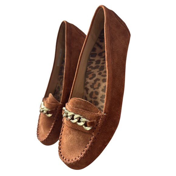 Vionic Mesa Tan Suede Moccasins Gold Chain Detail Leopard Print Insole Size 9.5 - Picture 2 of 7
